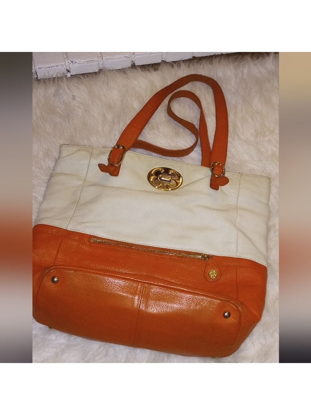 Emma Fox Colorblock Shoulder Bag. Goldtone Hardware. Double Sided. Logo. Orange. - Picture 6 of 13